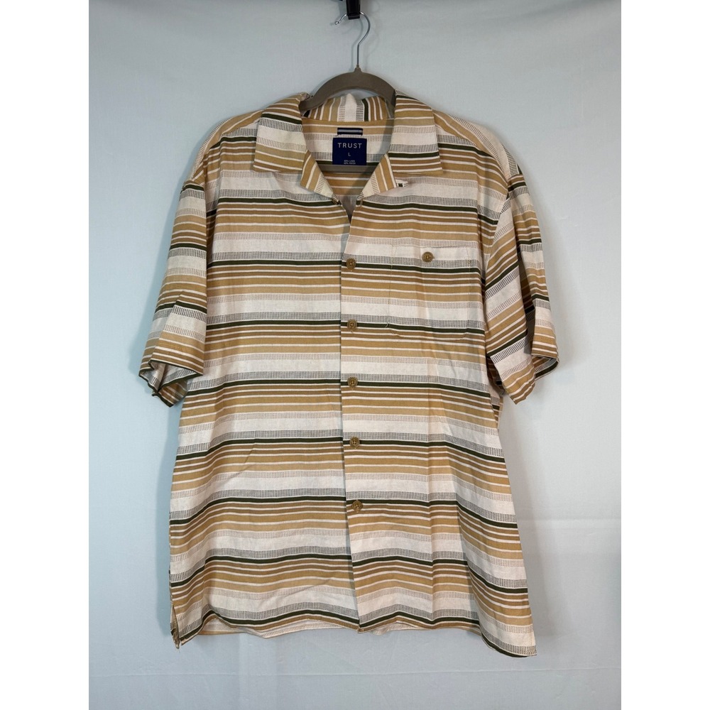 Trust Mens Linen Blend Striped Short‎ Sleeve Button Up Camp Shirt Tan Olive L